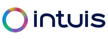 Logo de l'entreprise Intuis. Sur la gauche, un cercle multicolore. À droite, Intuis écrit avec une typographie relativement ronde. De couleurs bleu marine proche du noir.