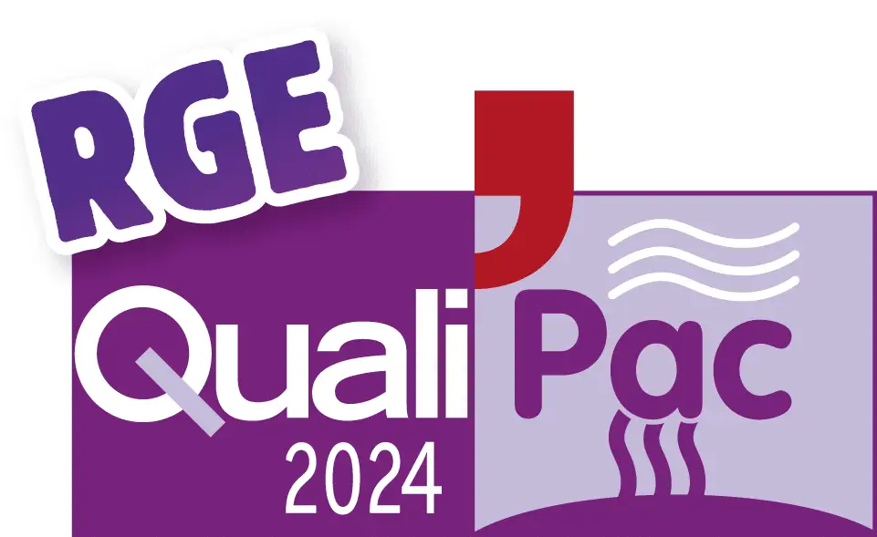 Icône RGE Qualibois 2024. Un rectangle, divisé en deux, avec deux teintes de violet (une foncée partie gauche et un violet clair sur la partie de droite). Marqué quali et 2024 en blanc sur la partie de gauche. Bois avec un violet plus foncé sur la droite. RGE en violet en haut à gauche de quali.