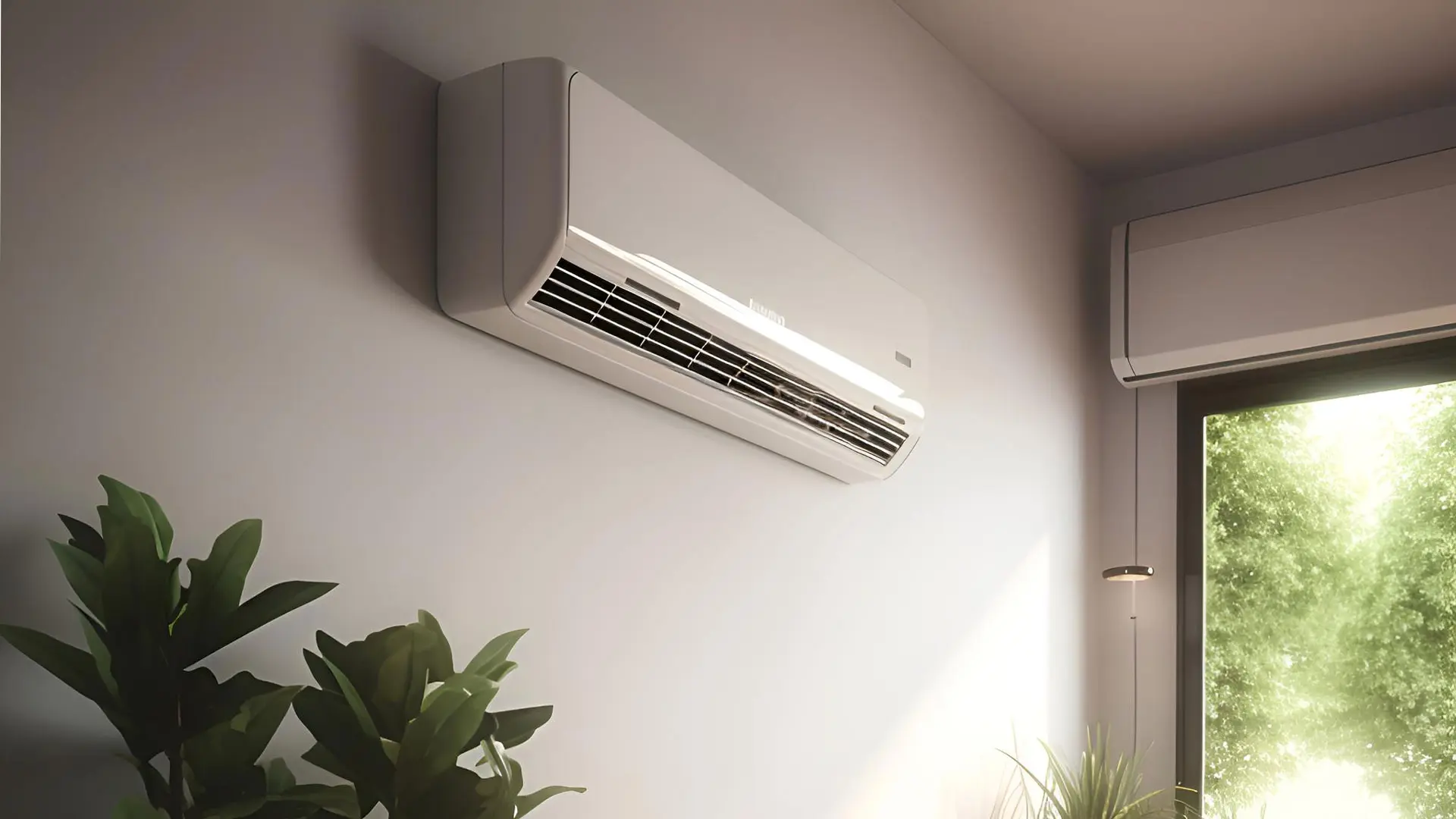Une climatisation blanche, accrochée sur un mur blanc. Sur sa gauche une plante verte. Sur la droite une baie vitré ensoleillé.