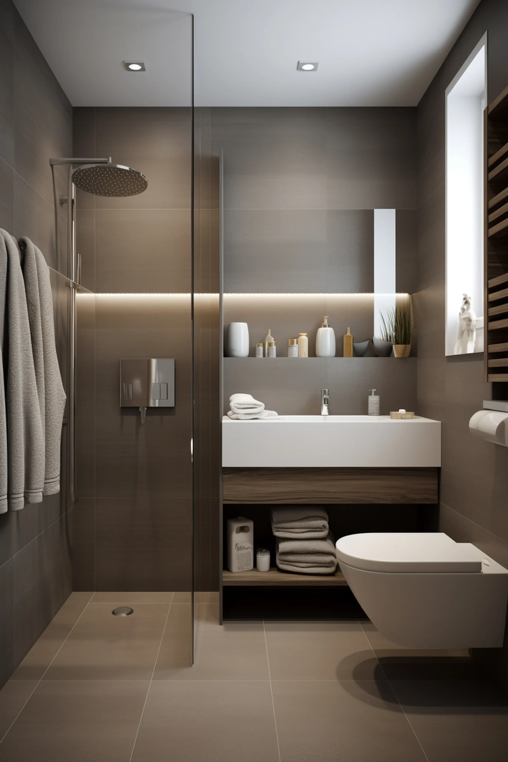 Salle de bain moderne au ton gris et lumineux. Une douche à l'italienne sur la gauche. Sur la droite de la douche, un lavabo au dernier plan et des toilettes blanches au premier plan.