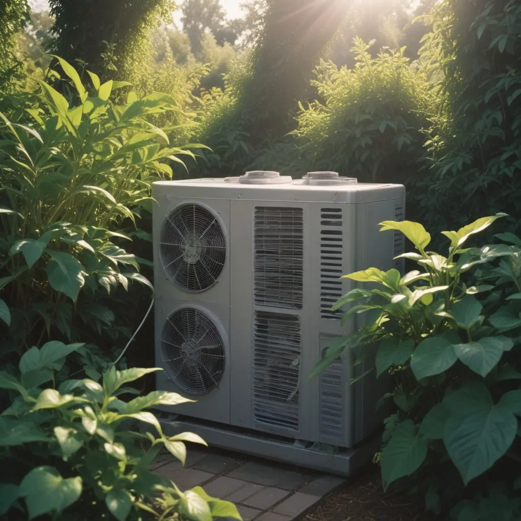 Une pompe à chaleur grise, est au milieu d'un jardin verdoyant. Illuminé par la douce lumière du soleil.