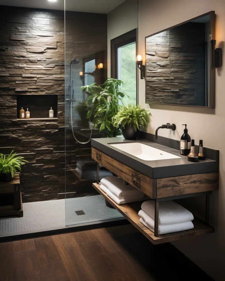 Salle de bain moderne avec un mélange de murs style terreux et de bois. La salle de bain est composé d'un lavabo, d'une douche à l'italienne et des repose serviette sous le lavabo. Différentes plantes vertes ornent l'ensemble de la salle de bain.